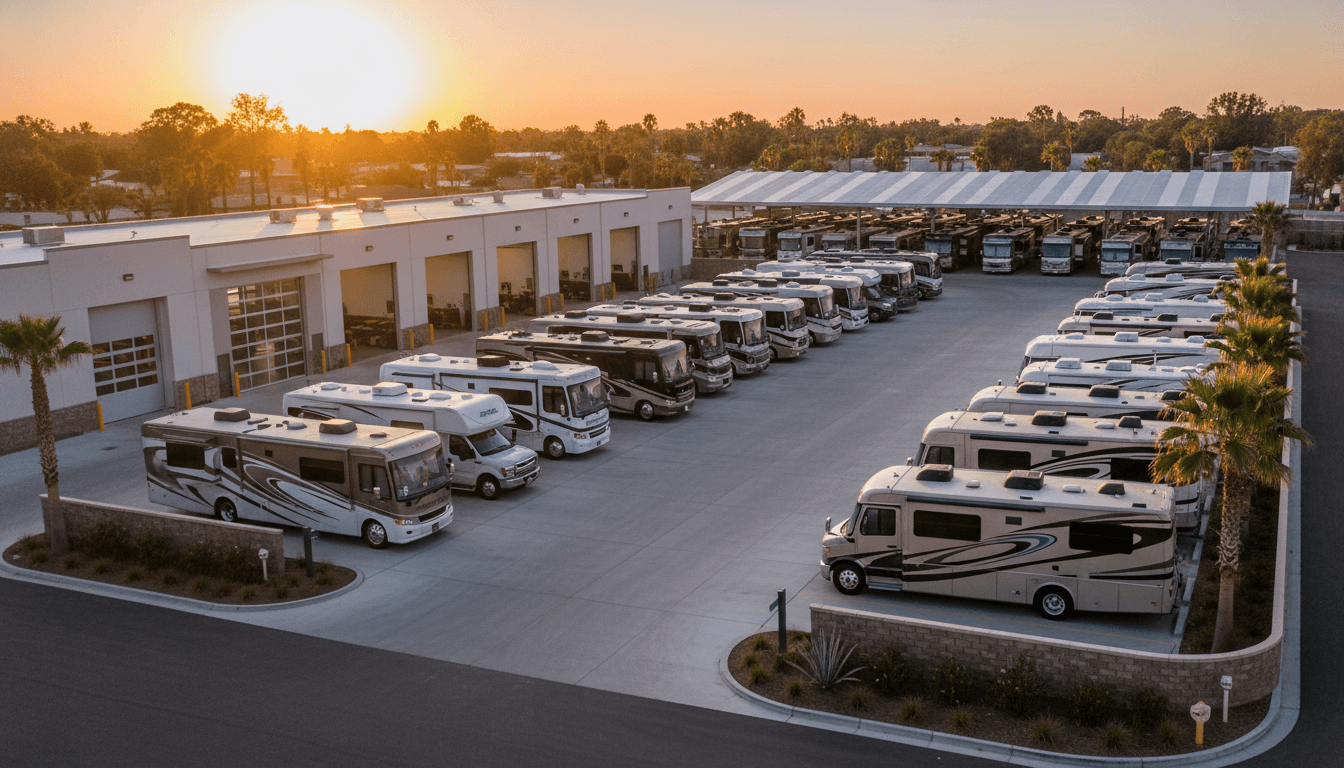 A clean professional RV service and storage facility at golden hour