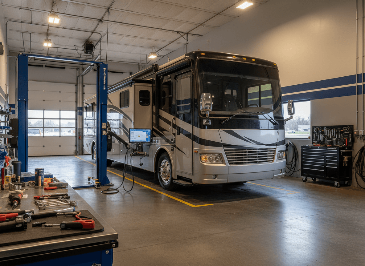 A clean professional RV service bay with a motorhome inside