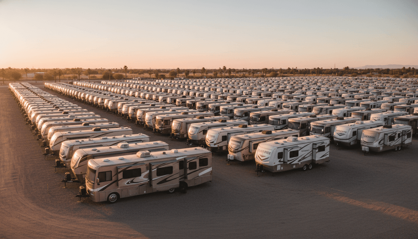 Orderly rows of RVs and travel trailers in a storage lot