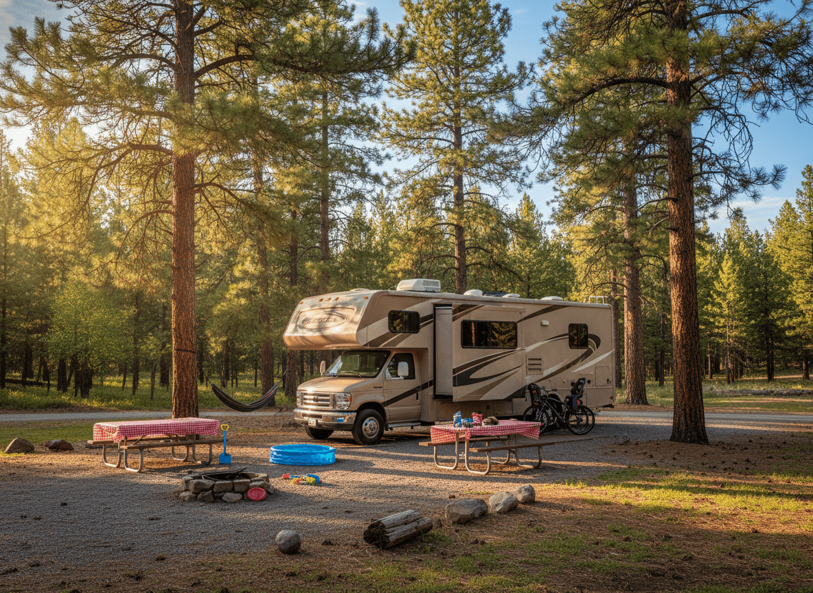 A Class C motorhome at a national park campground among pine trees