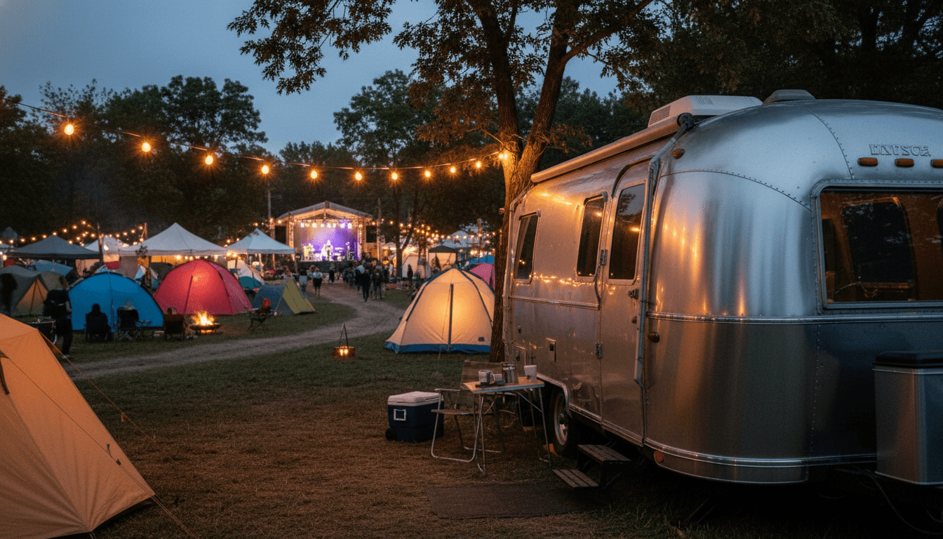 A travel trailer set up at an outdoor music festival campground in the evening