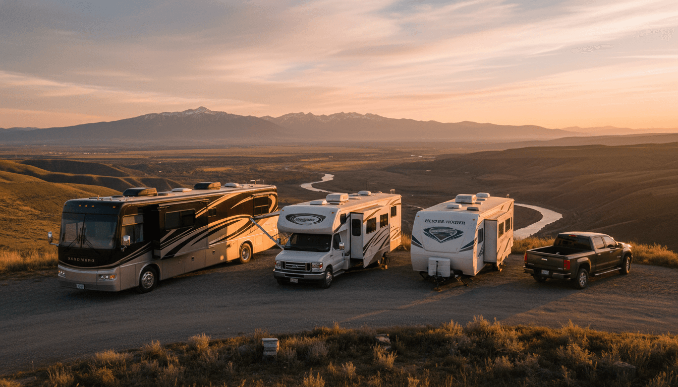 A Class A motorhome, a Class C, and a travel trailer parked together at an overlook at golden hour
