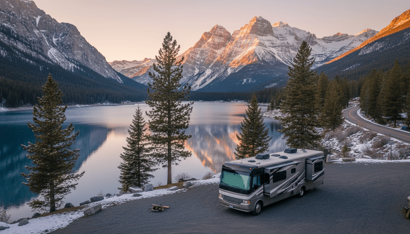 A motorhome at a mountain reservoir campground with pine trees and peaks