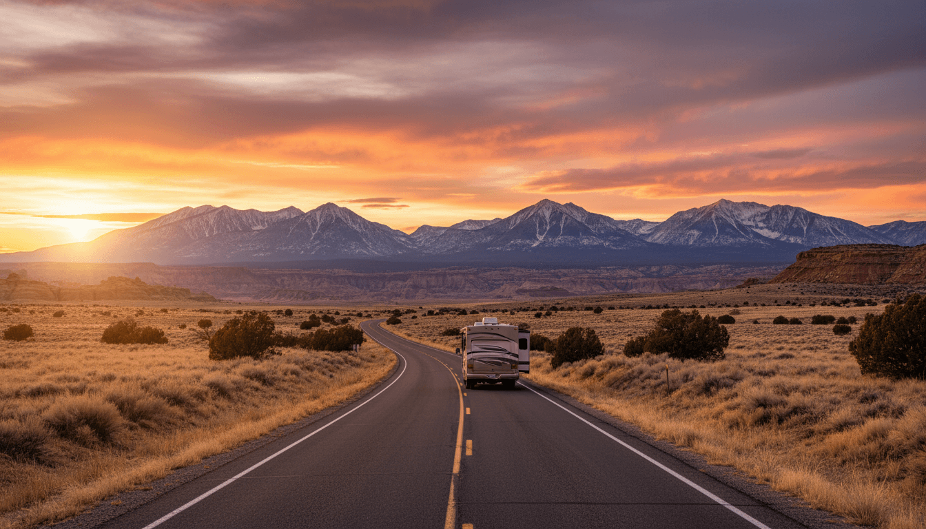 A lone motorhome on an open highway heading toward mountains at golden hour