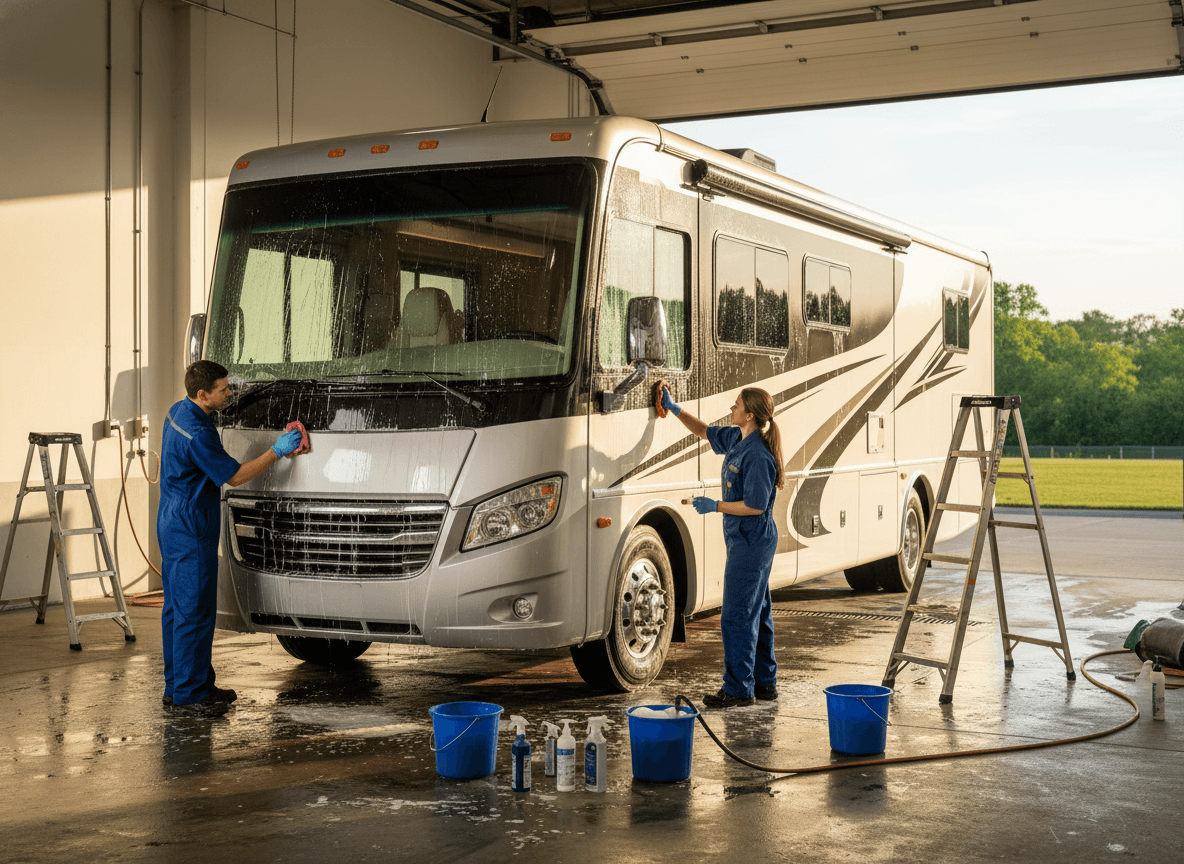 A motorhome being carefully washed and detailed