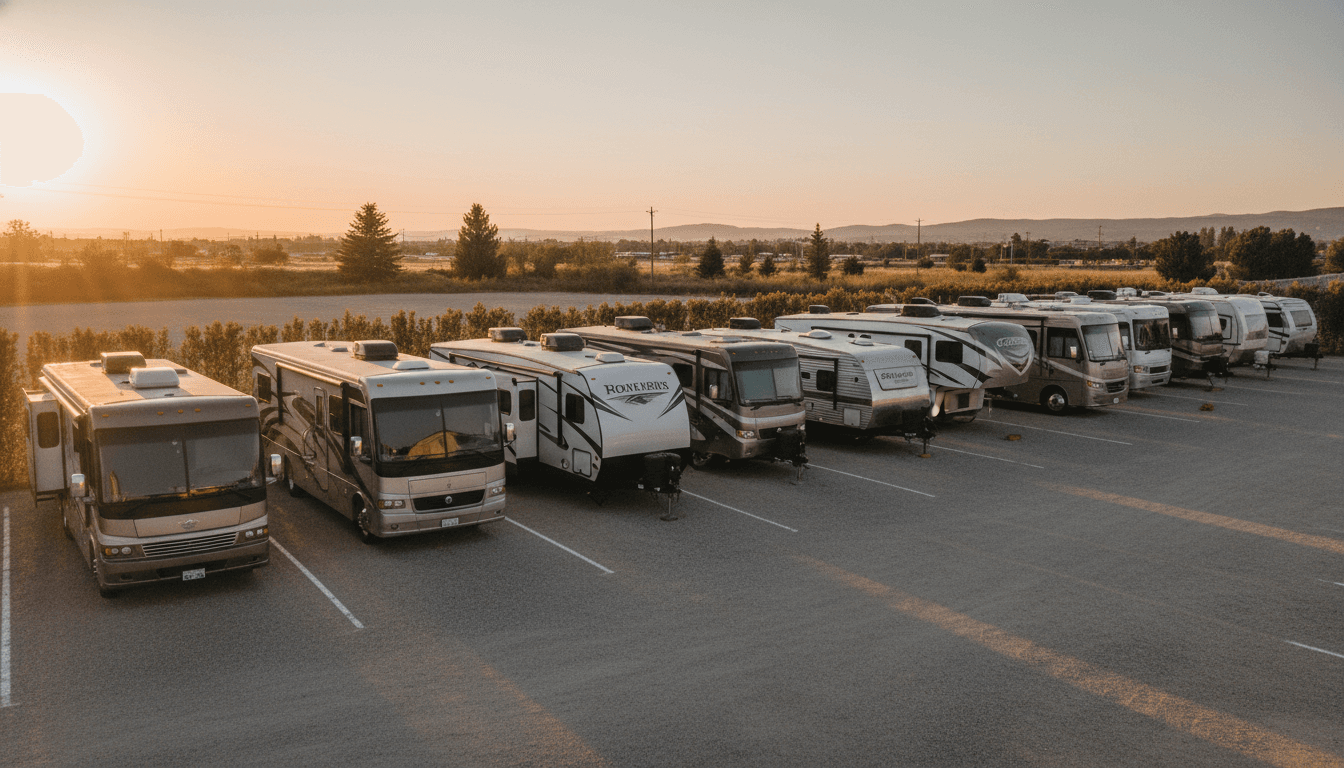 An orderly lineup of several privately-owned RVs in a clean storage lot