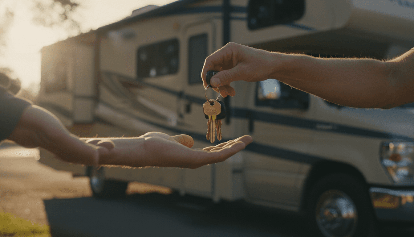 A hand passing motorhome keys to another hand in front of a parked RV