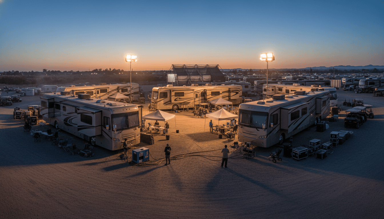 Several large motorhomes staged together at a film production location at dusk