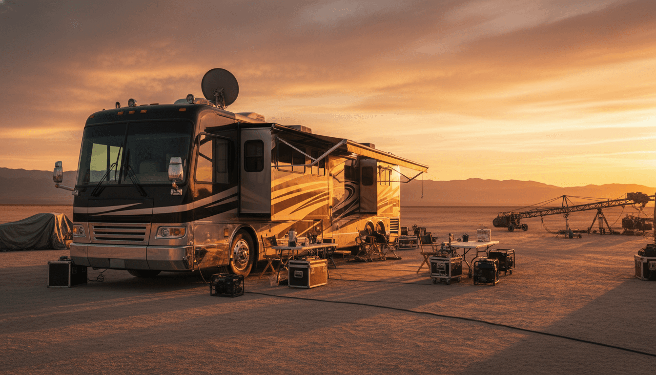 A large Class A motorhome serving as a film-production basecamp at golden hour