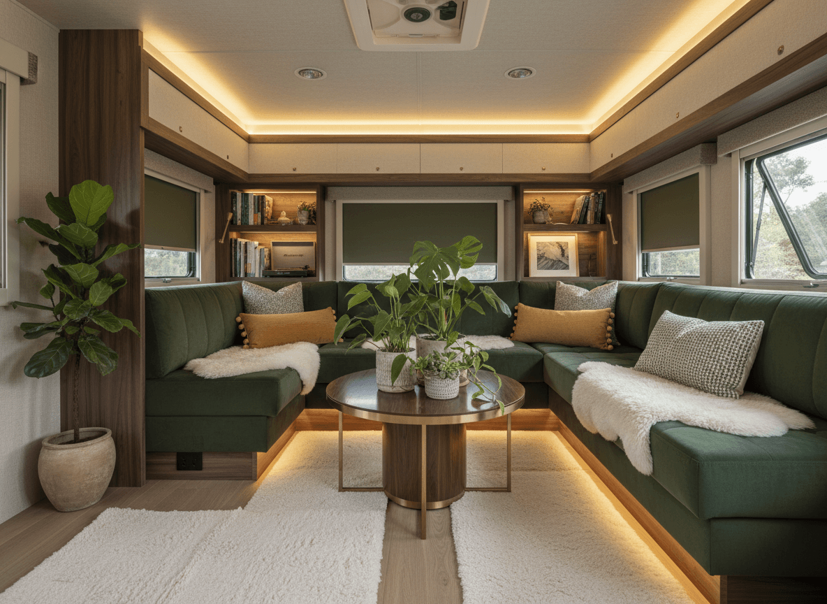 A clean, modern motorhome interior set up as a comfortable green room