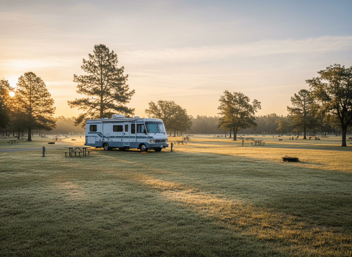 A single RV at a quiet, nearly empty campground at dawn with open sites