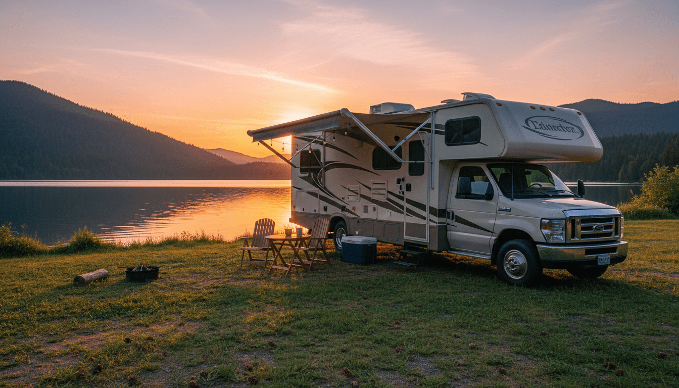A motorhome set up perfectly at a scenic lakeside campsite at golden hour