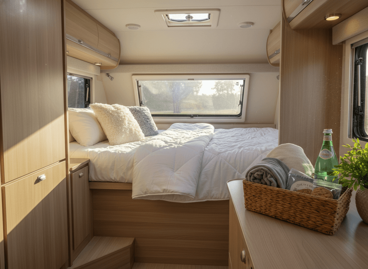 A pristine RV interior with a neatly made bed and a small welcome basket