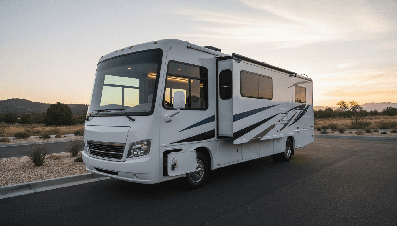 A spotless modern motorhome parked and ready for pickup at dawn