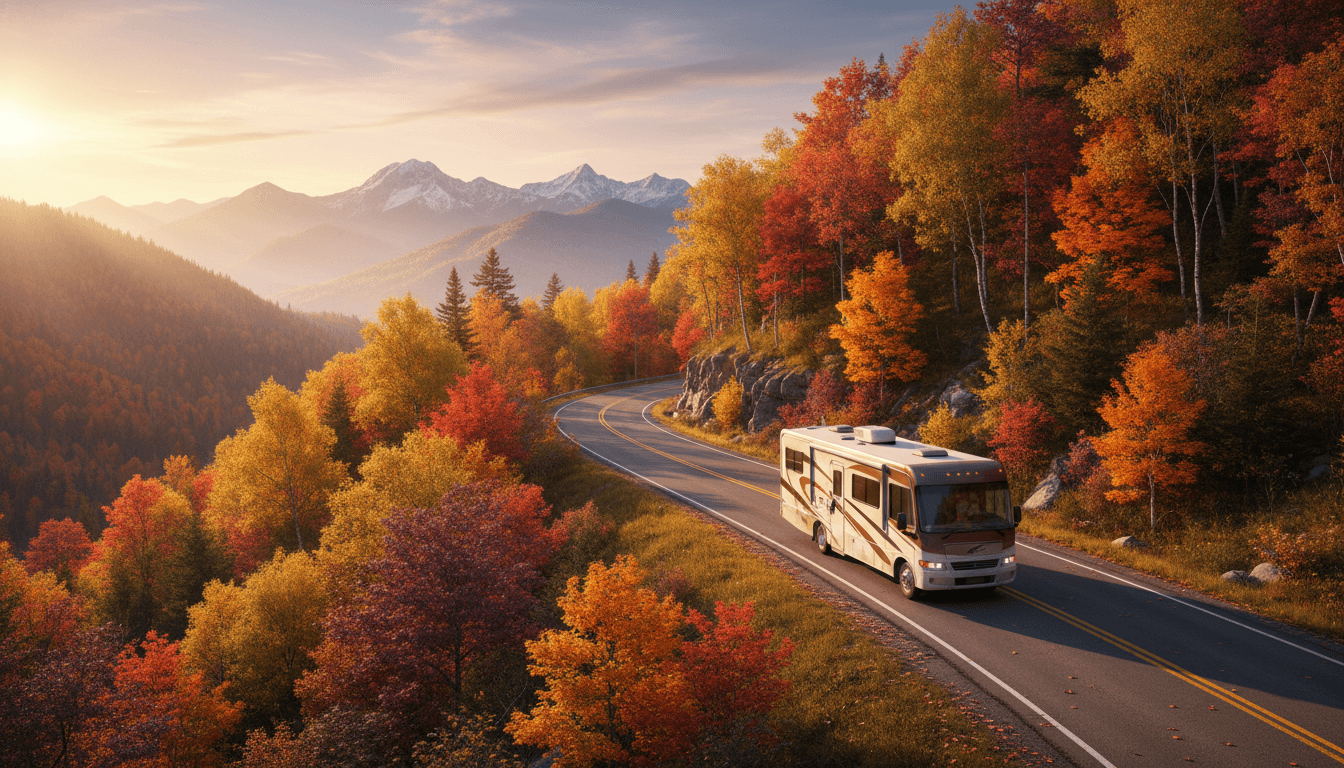 A motorhome on a mountain road surrounded by vivid autumn foliage