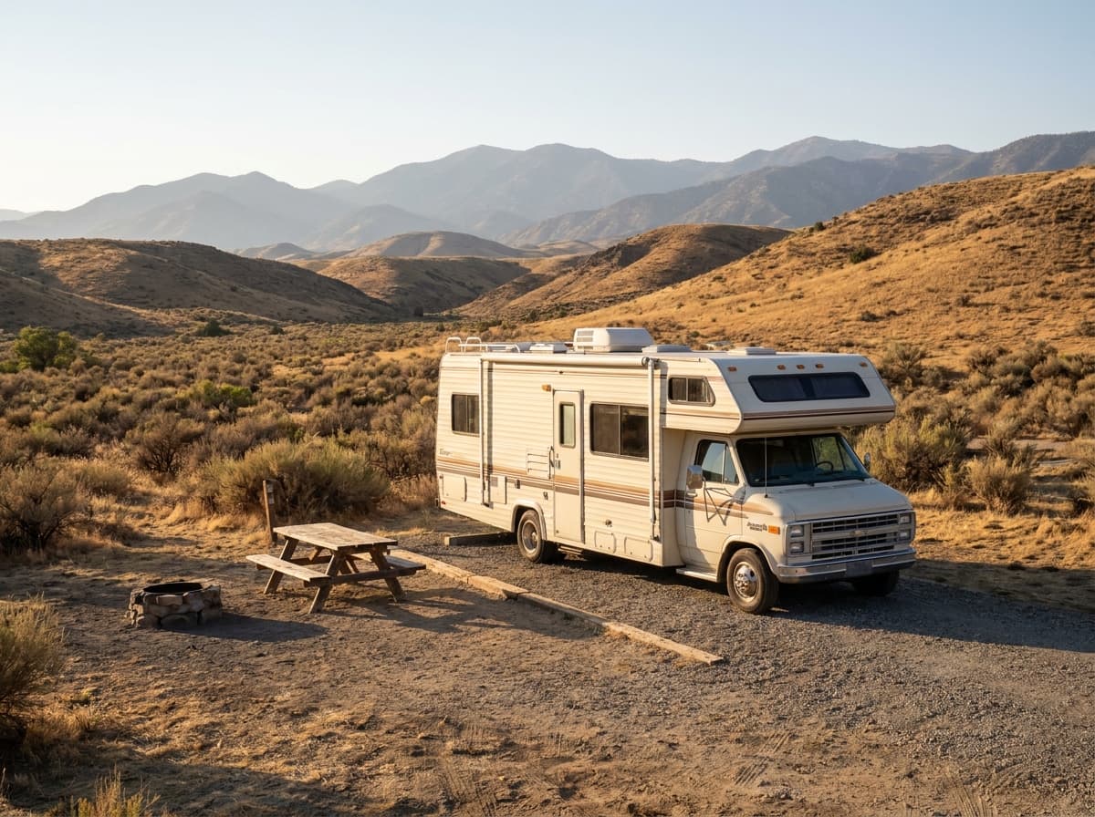 A Class C RV at a campground near Anaheim, California in the dry golden hills and distant mountains of California