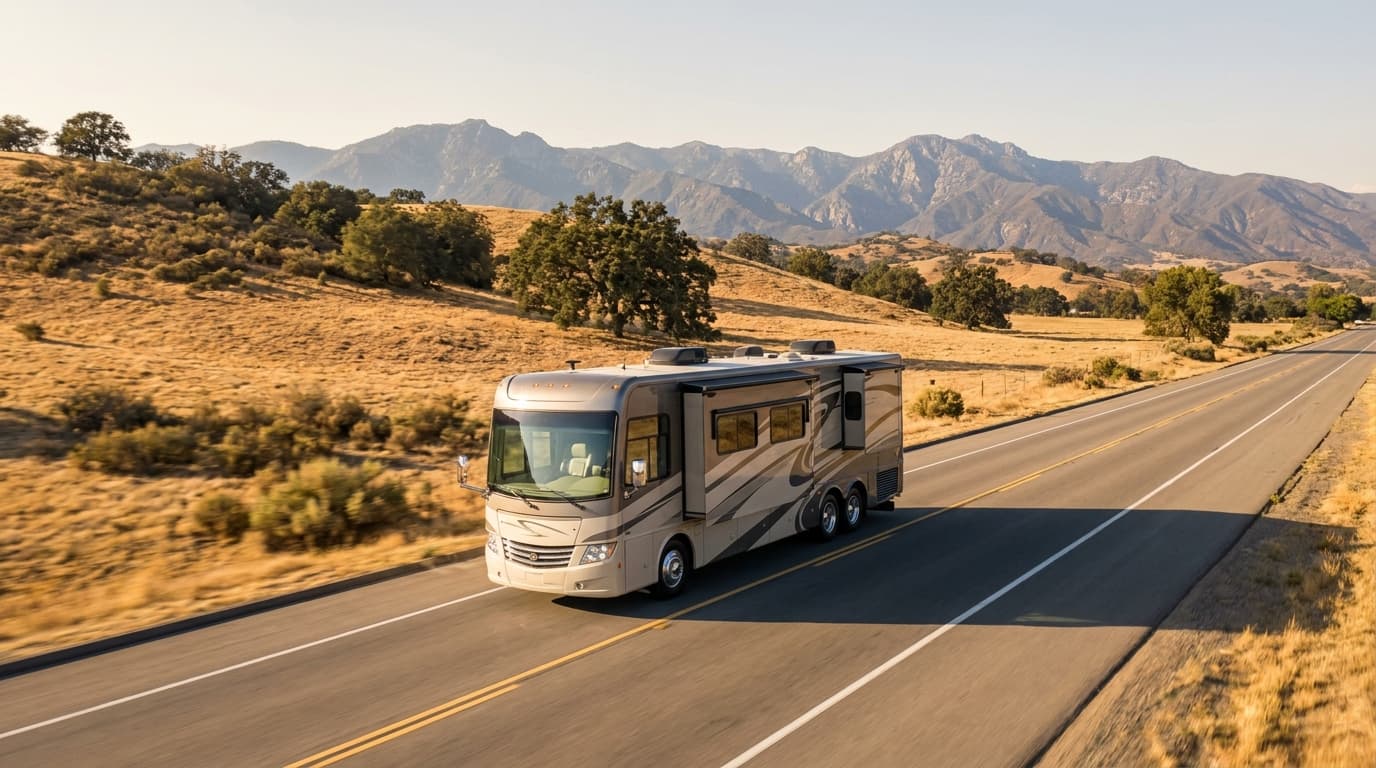 A motorhome traveling through the dry golden hills and distant mountains of California near Anaheim, California in peak season