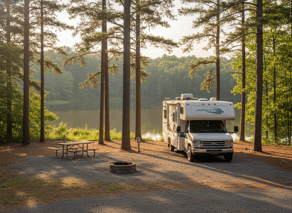 A Class C RV at a campground near Asheville, North Carolina in the rolling pine woods and lakes of the North Carolina Piedmont