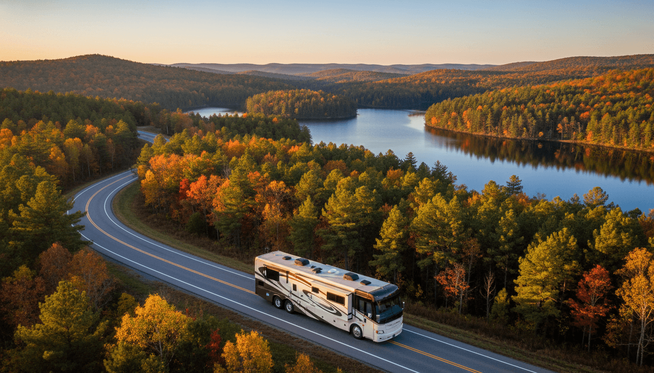 A motorhome traveling through the rolling pine woods and lakes of the North Carolina Piedmont near Asheville, North Carolina in peak season