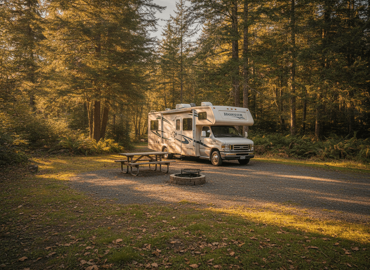 A Class C RV at a campground near Astoria, Oregon in the countryside near Astoria