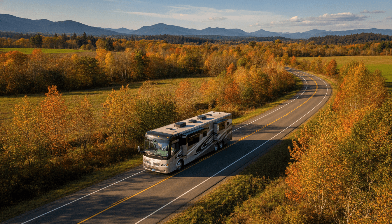 A motorhome traveling through the countryside near Astoria near Astoria, Oregon in peak season