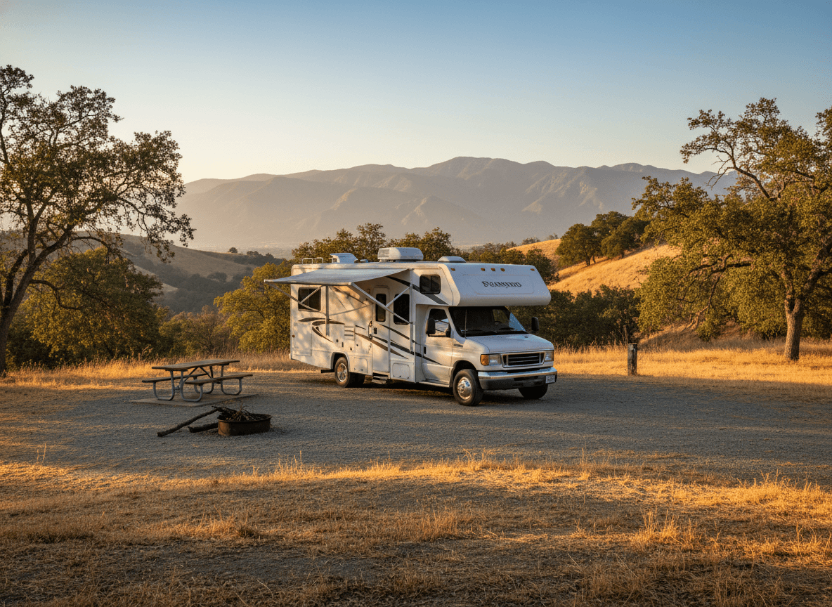 A Class C RV at a campground near Big Bear Lake, California in the dry golden hills and distant mountains of California