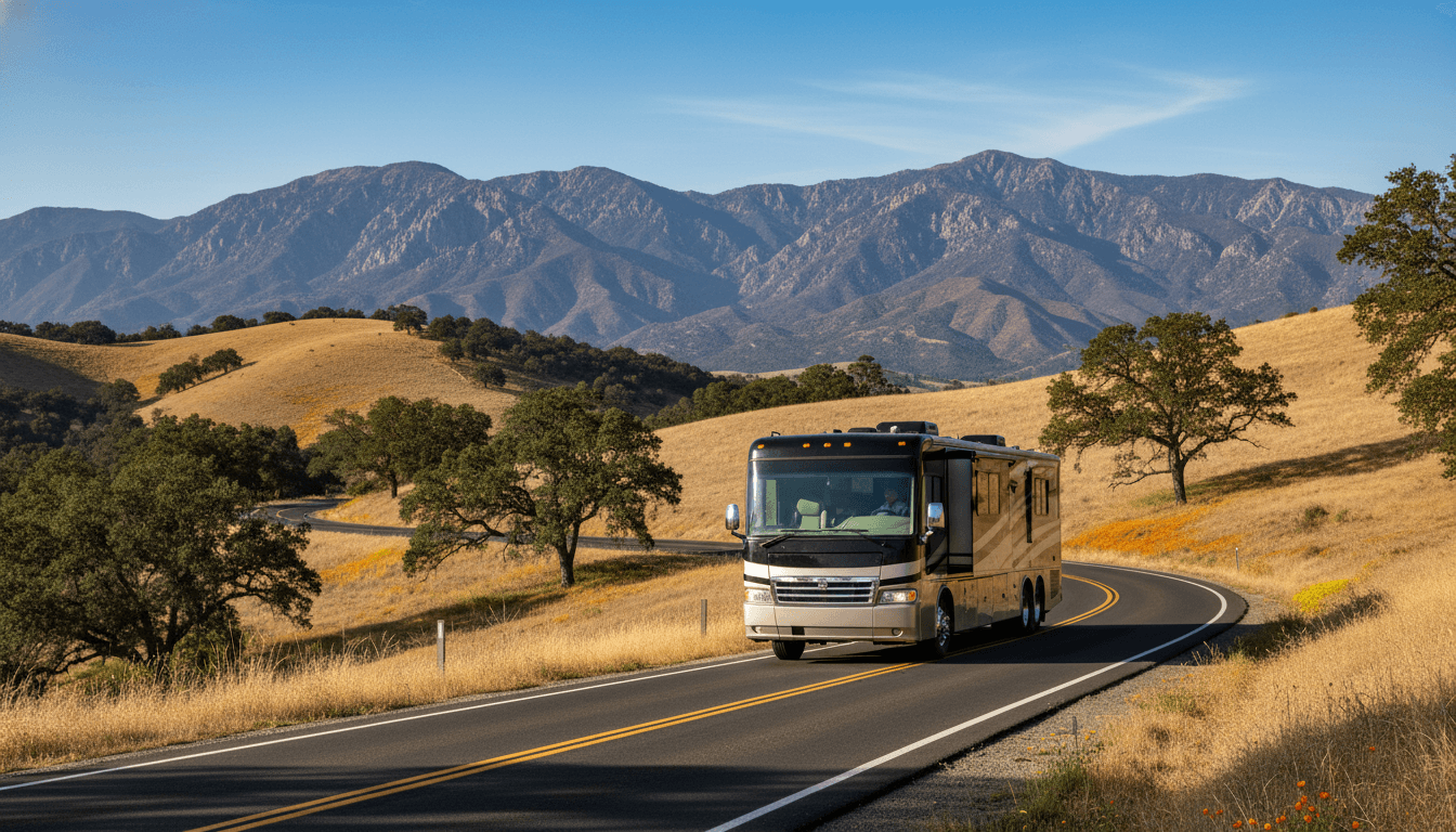 A motorhome traveling through the dry golden hills and distant mountains of California near Big Bear Lake, California in peak season