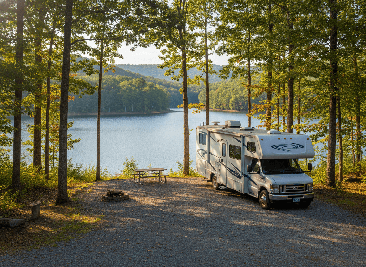 A Class C RV at a campground near Blue Ridge, Georgia in the forested Blue Ridge foothills and lakes of north Georgia