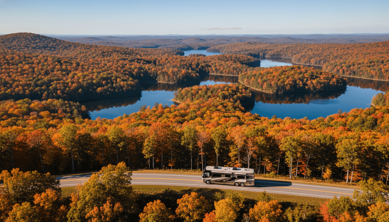 A motorhome traveling through the forested Blue Ridge foothills and lakes of north Georgia near Blue Ridge, Georgia in peak season