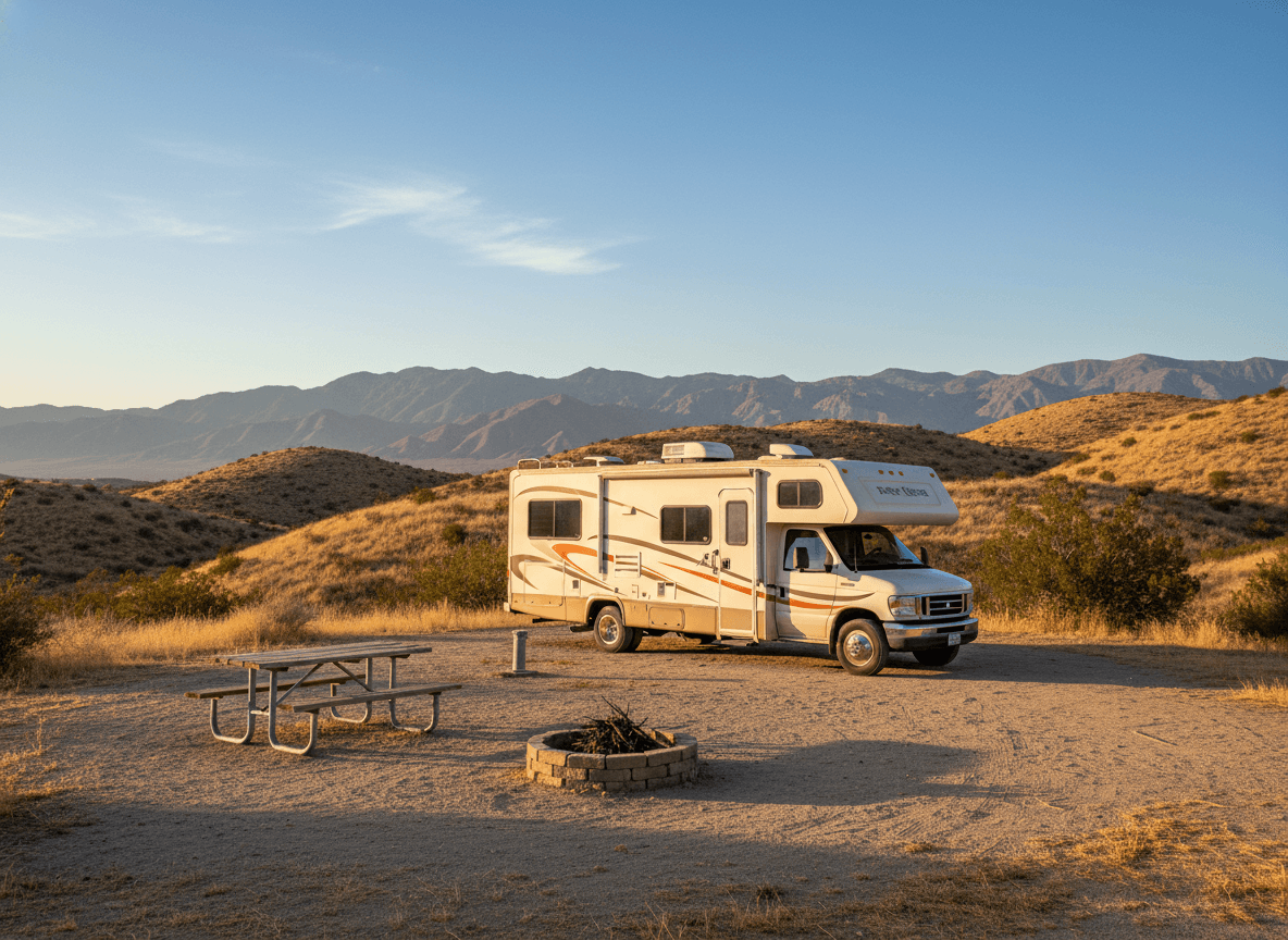 A Class C RV at a campground near Borrego Springs, California in the dry golden hills and distant mountains of California