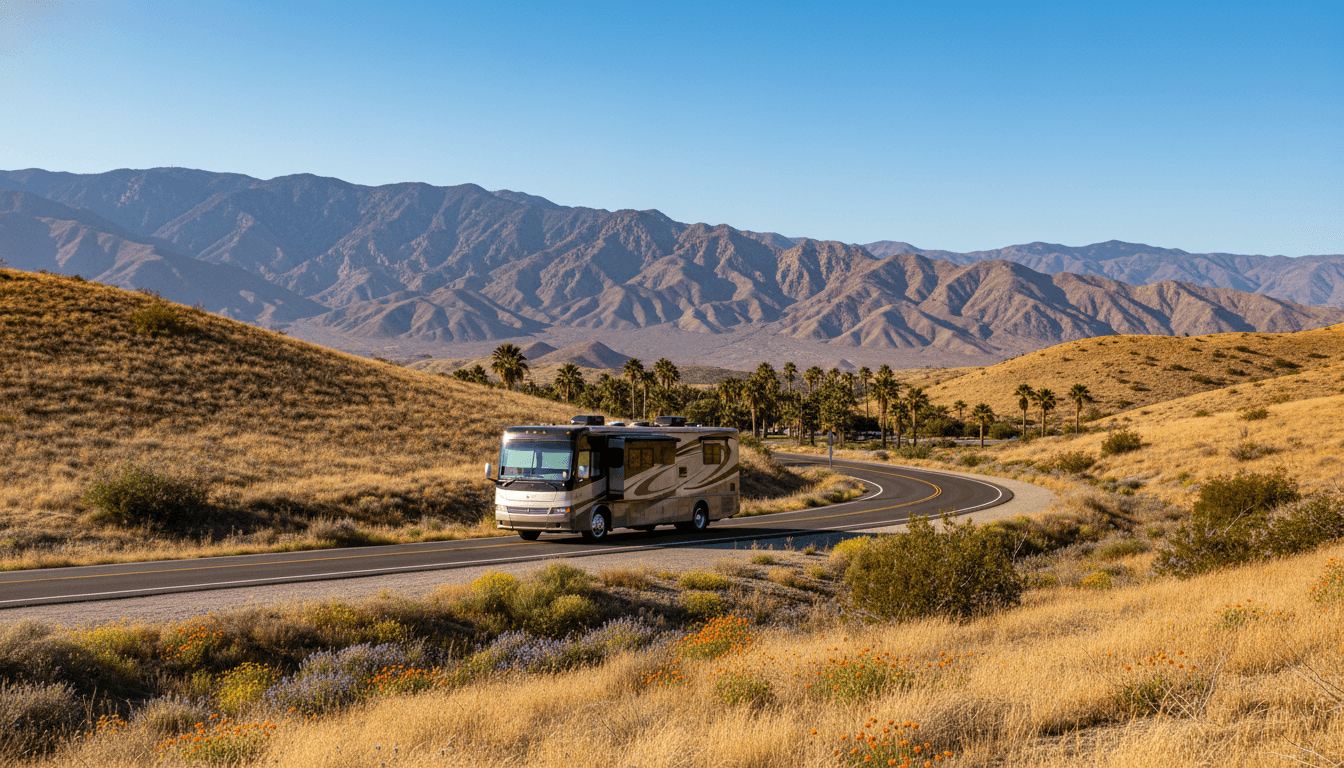 A motorhome traveling through the dry golden hills and distant mountains of California near Borrego Springs, California in peak season