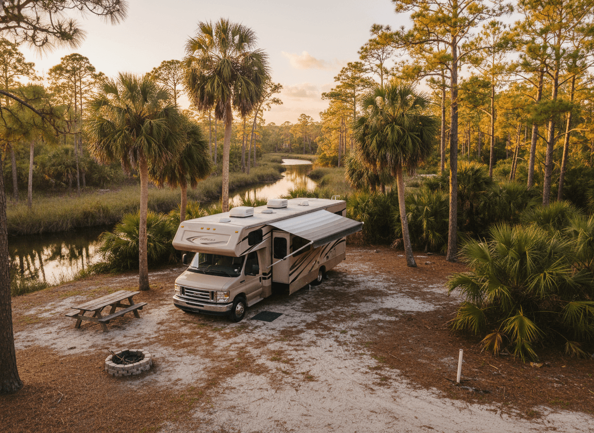 A Class C RV at a campground near Bradenton, Florida in the palms, waterways, and coastal flatwoods of Florida