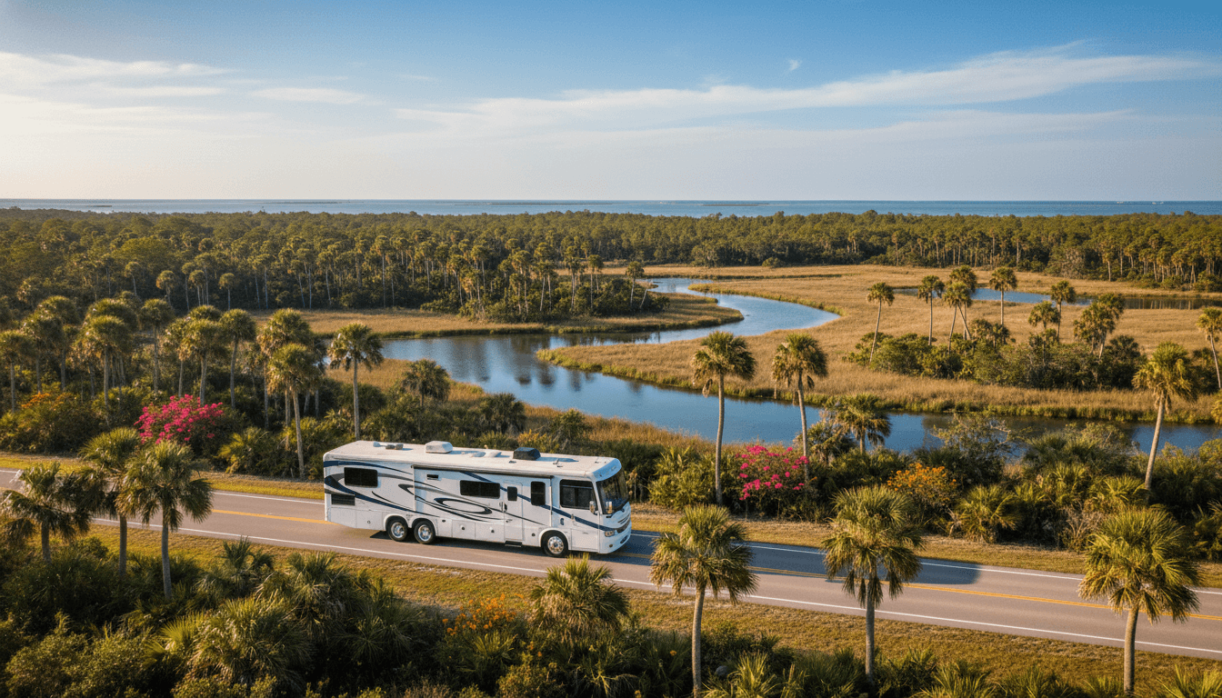 A motorhome traveling through the palms, waterways, and coastal flatwoods of Florida near Bradenton, Florida in peak season