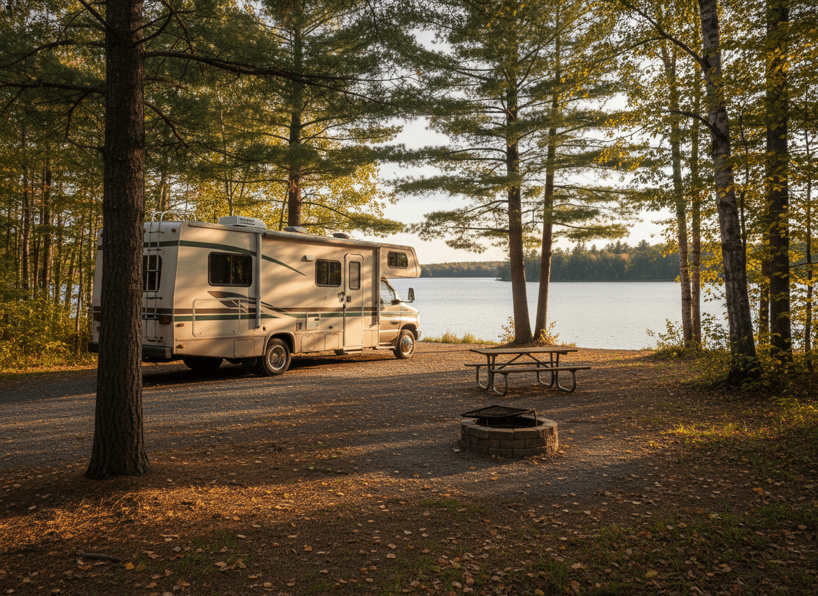 A Class C RV at a campground near Brainerd, Minnesota in the northern lakes and woods of Minnesota