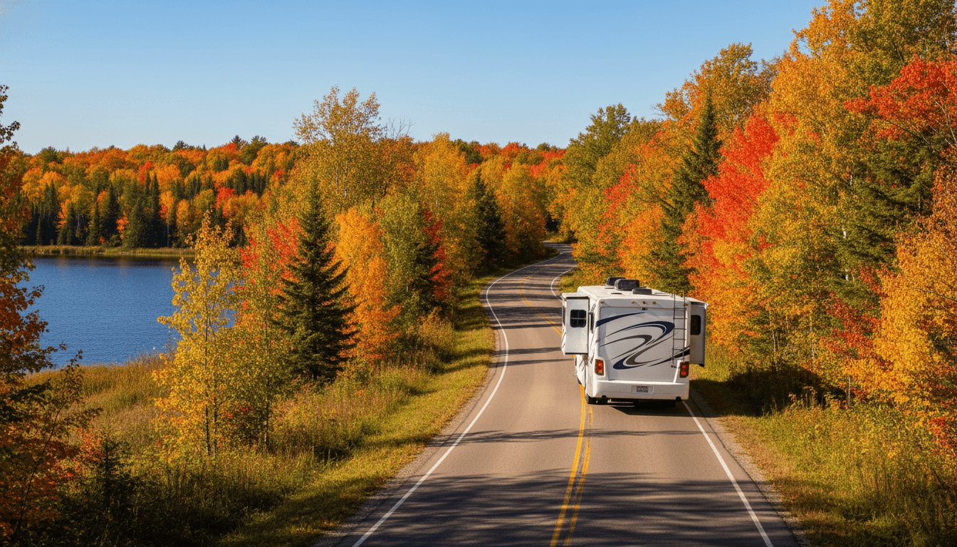 A motorhome traveling through the northern lakes and woods of Minnesota near Brainerd, Minnesota in peak season