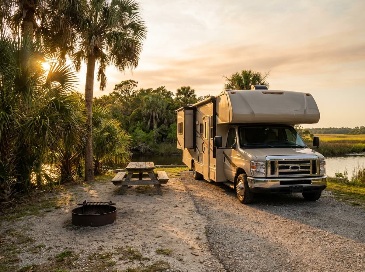 A Class C RV at a campground near Cape Coral, Florida in the palms, waterways, and coastal flatwoods of Florida