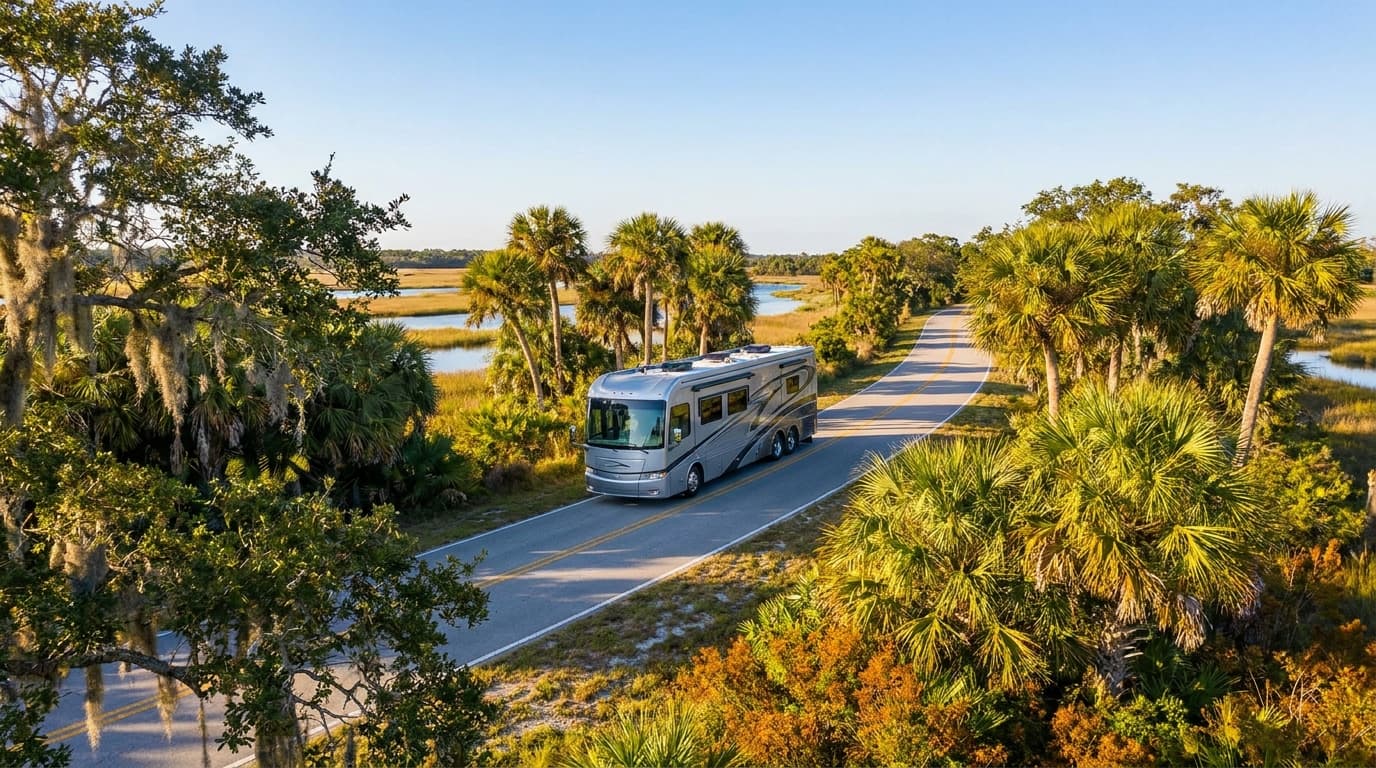 A motorhome traveling through the palms, waterways, and coastal flatwoods of Florida near Cape Coral, Florida in peak season