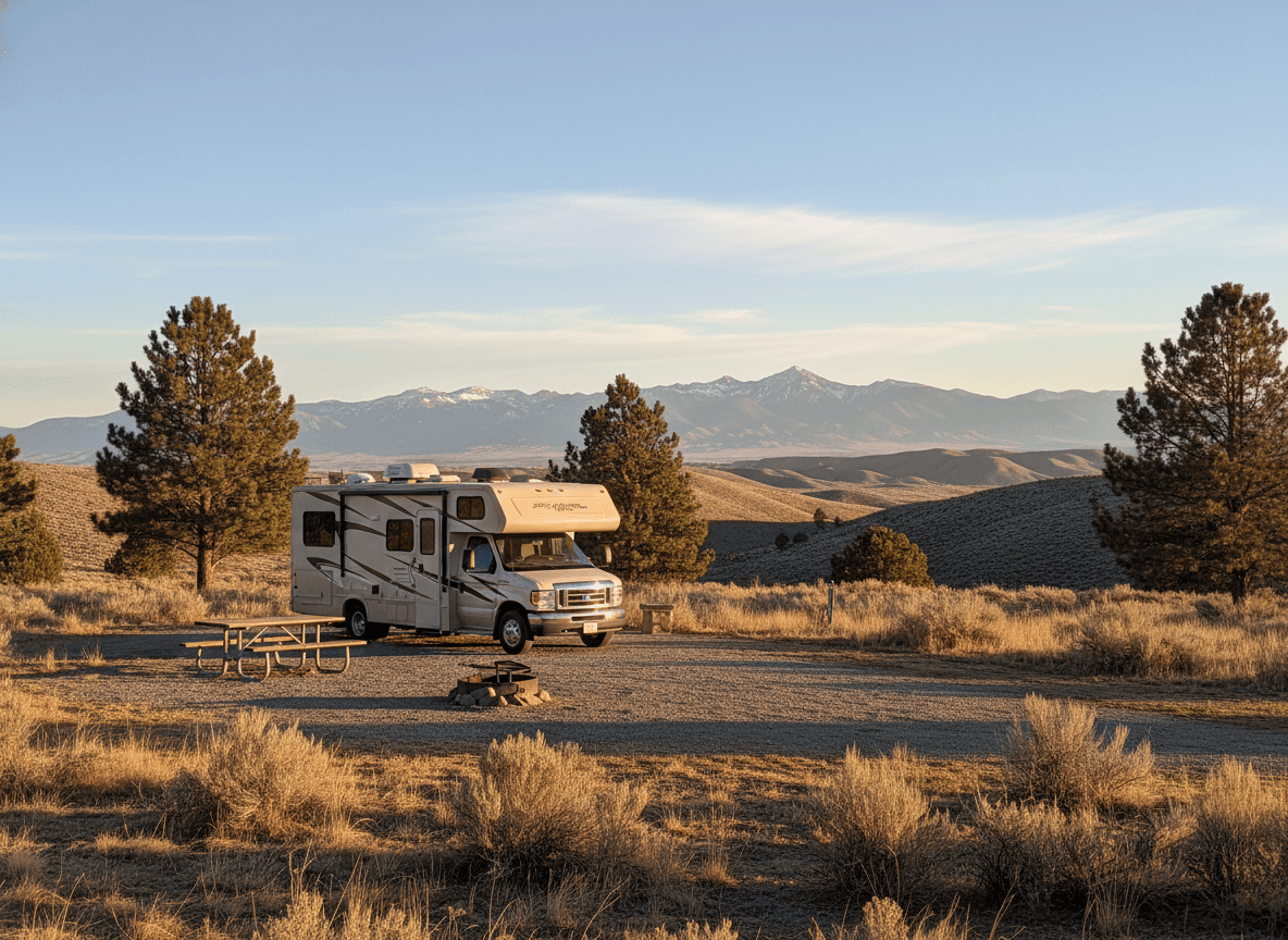 A Class C RV at a campground near Carson City, Nevada in the high desert and Sierra Nevada foothills of Nevada