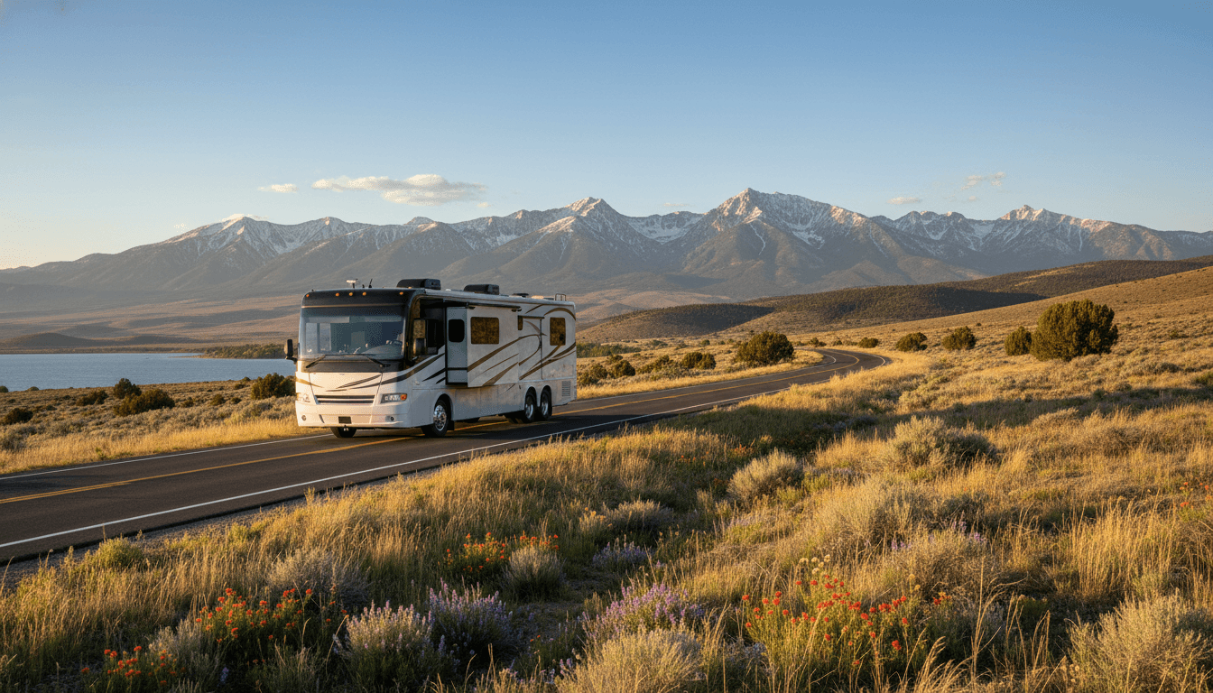 A motorhome traveling through the high desert and Sierra Nevada foothills of Nevada near Carson City, Nevada in peak season