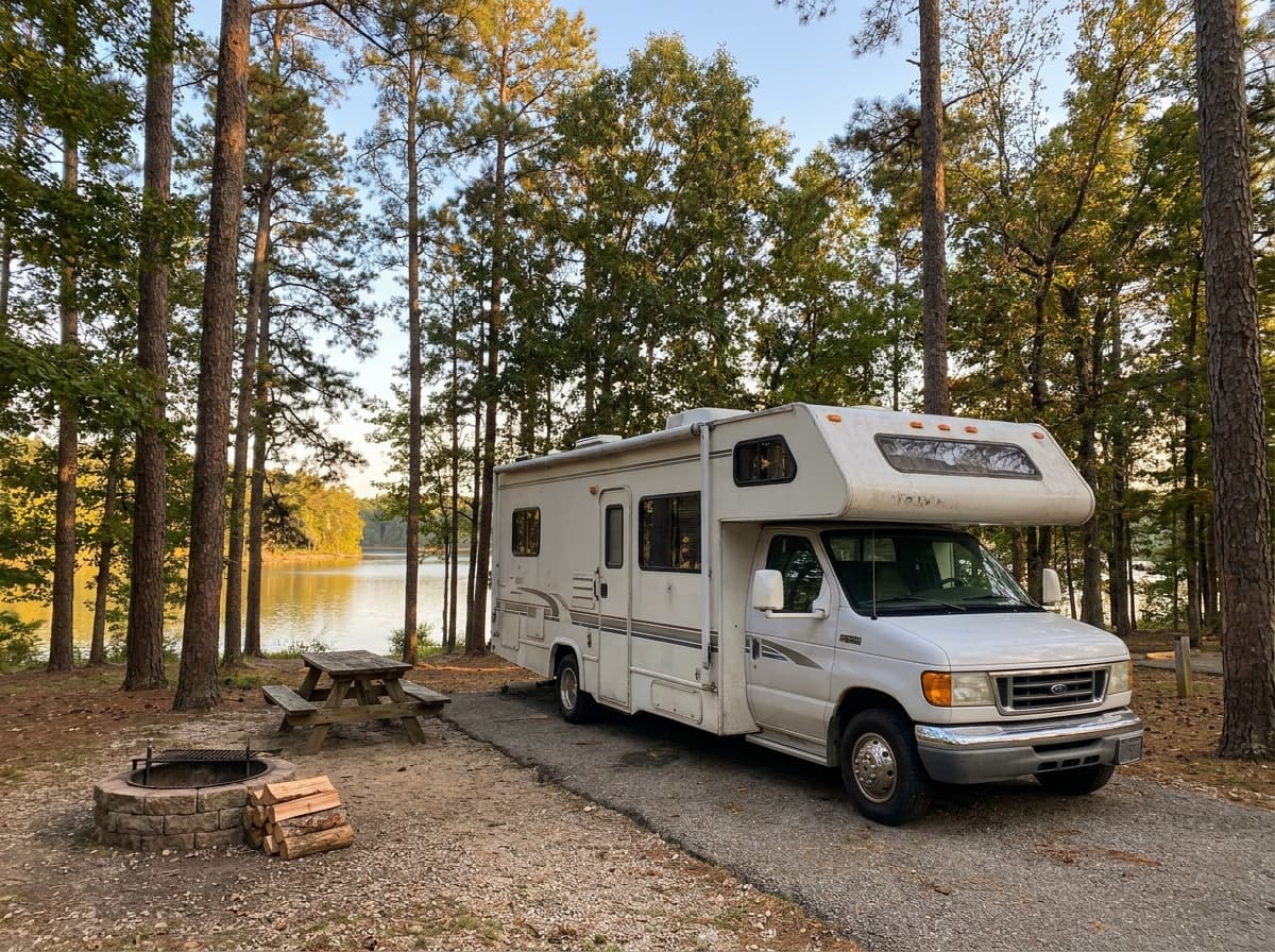 A Class C RV at a campground near Cary, North Carolina in the rolling pine woods and lakes of the North Carolina Piedmont