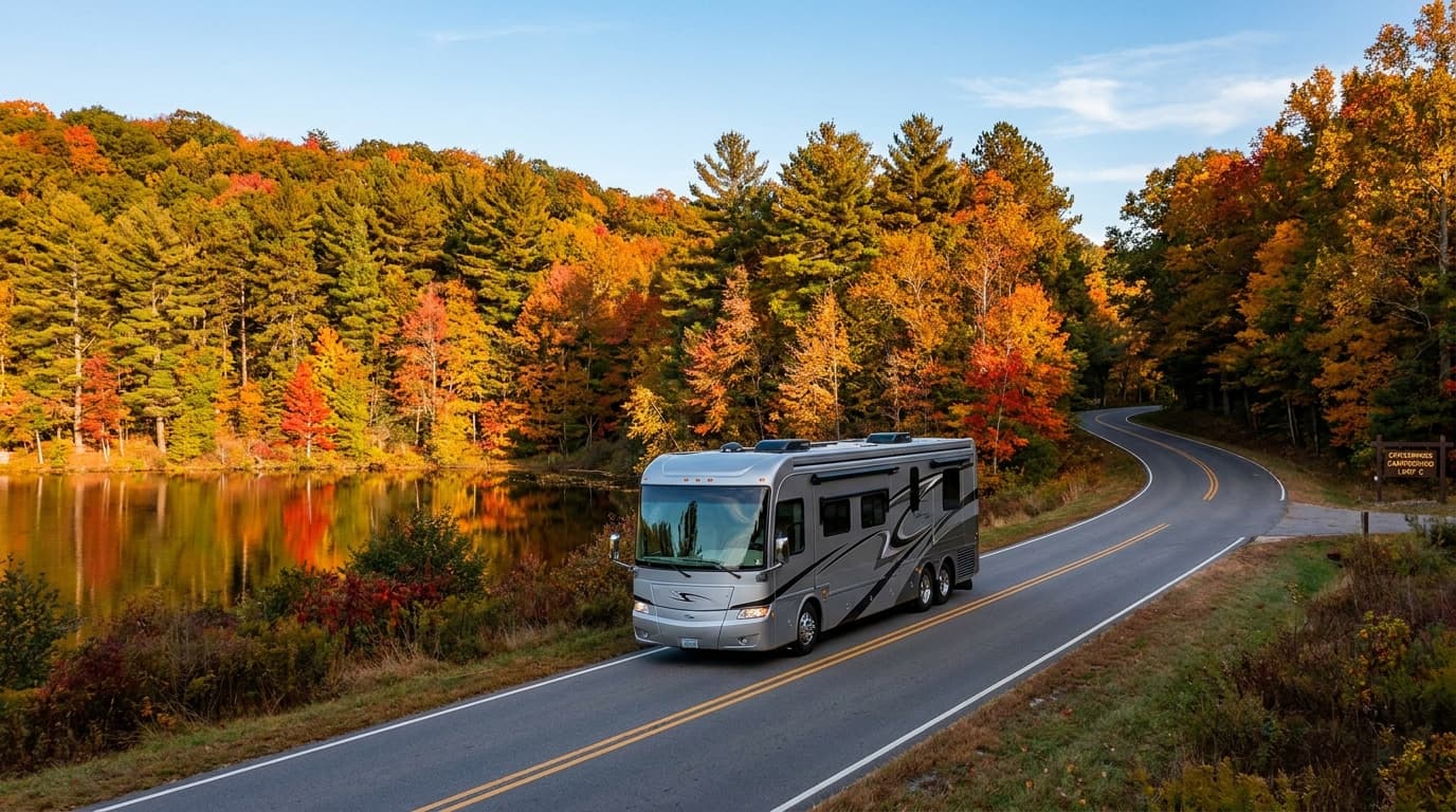 A motorhome traveling through the rolling pine woods and lakes of the North Carolina Piedmont near Cary, North Carolina in peak season