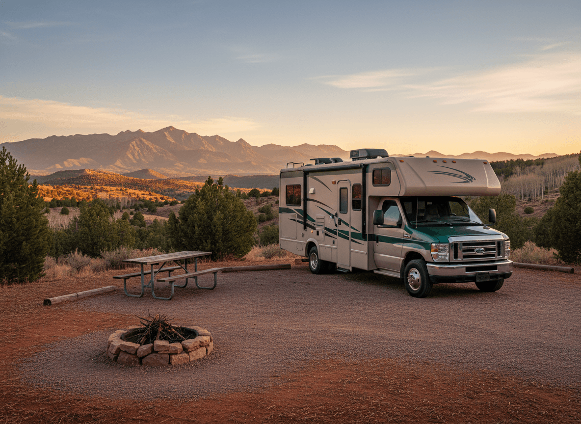 A Class C RV at a campground near Cedar City, Utah in the Wasatch Mountains and high desert of Utah