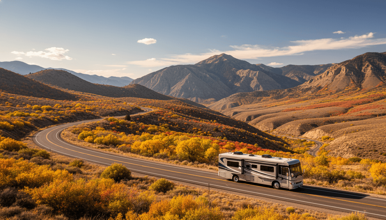 A motorhome traveling through the Wasatch Mountains and high desert of Utah near Cedar City, Utah in peak season