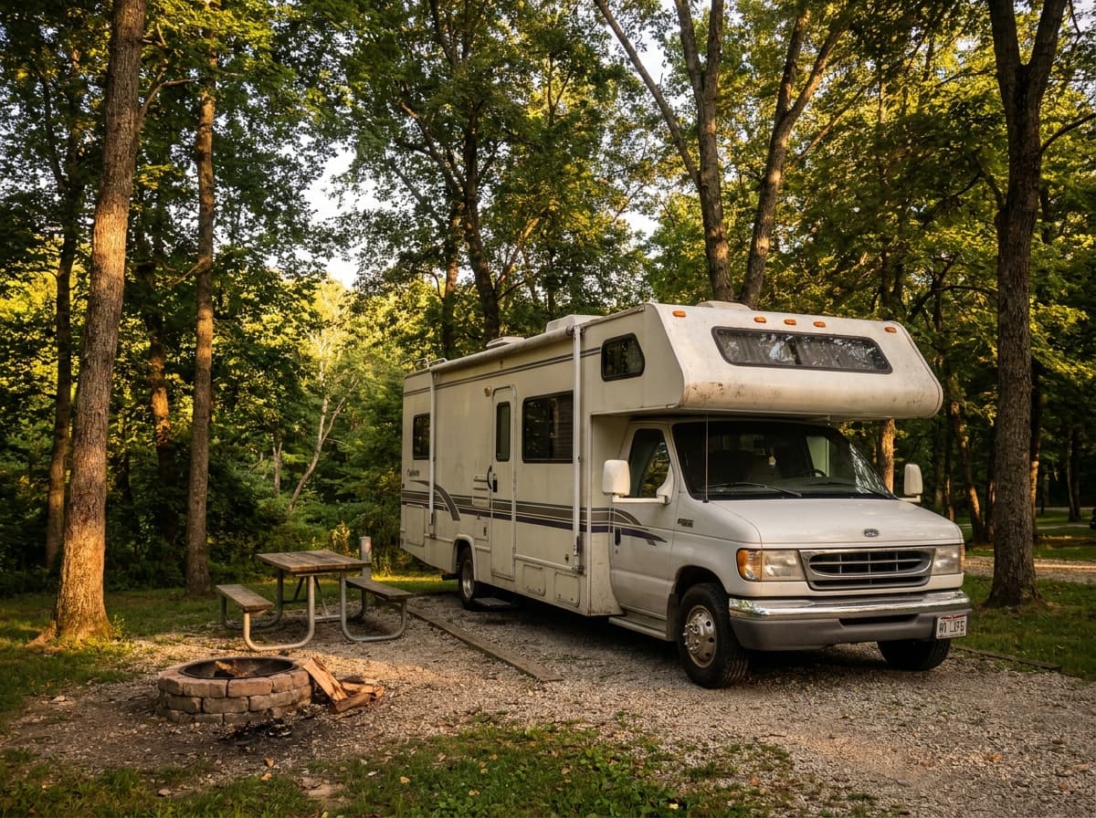 A Class C RV at a campground near Cincinnati, Ohio in the wooded river valleys of the Ohio countryside