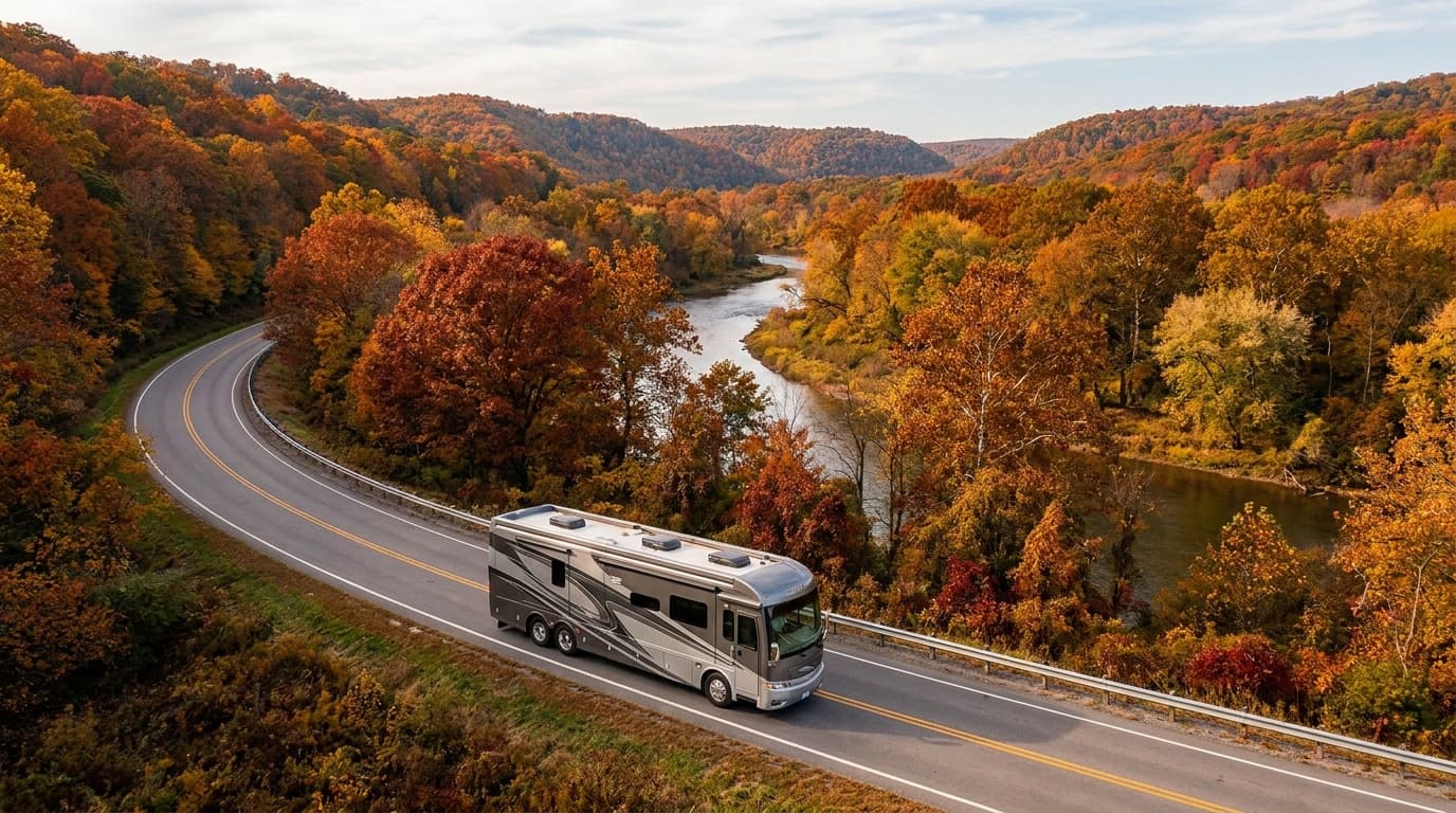 A motorhome traveling through the wooded river valleys of the Ohio countryside near Cincinnati, Ohio in peak season