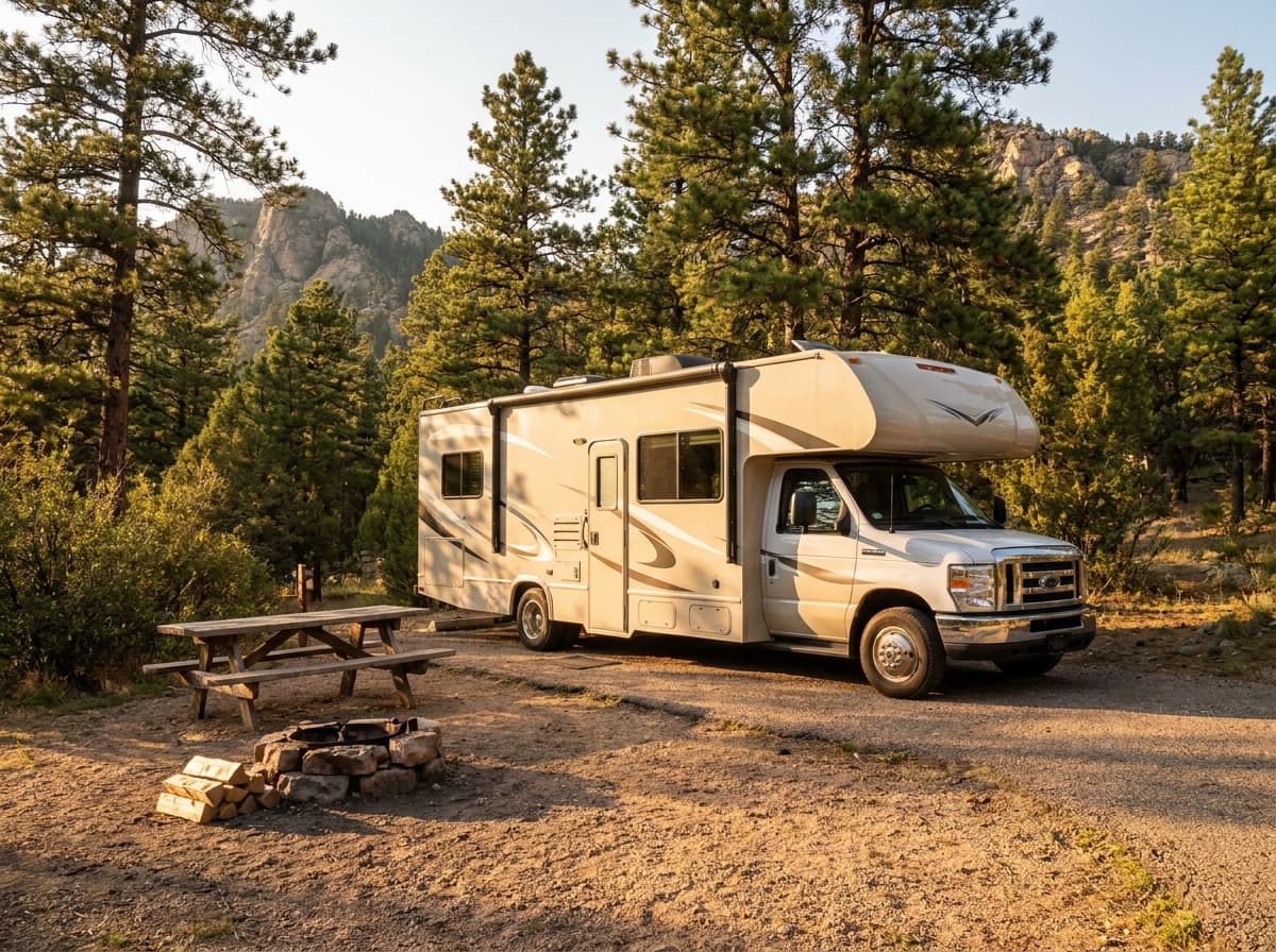 A Class C RV at a campground near Colorado Springs, Colorado in the Rocky Mountain foothills and pine forest of Colorado