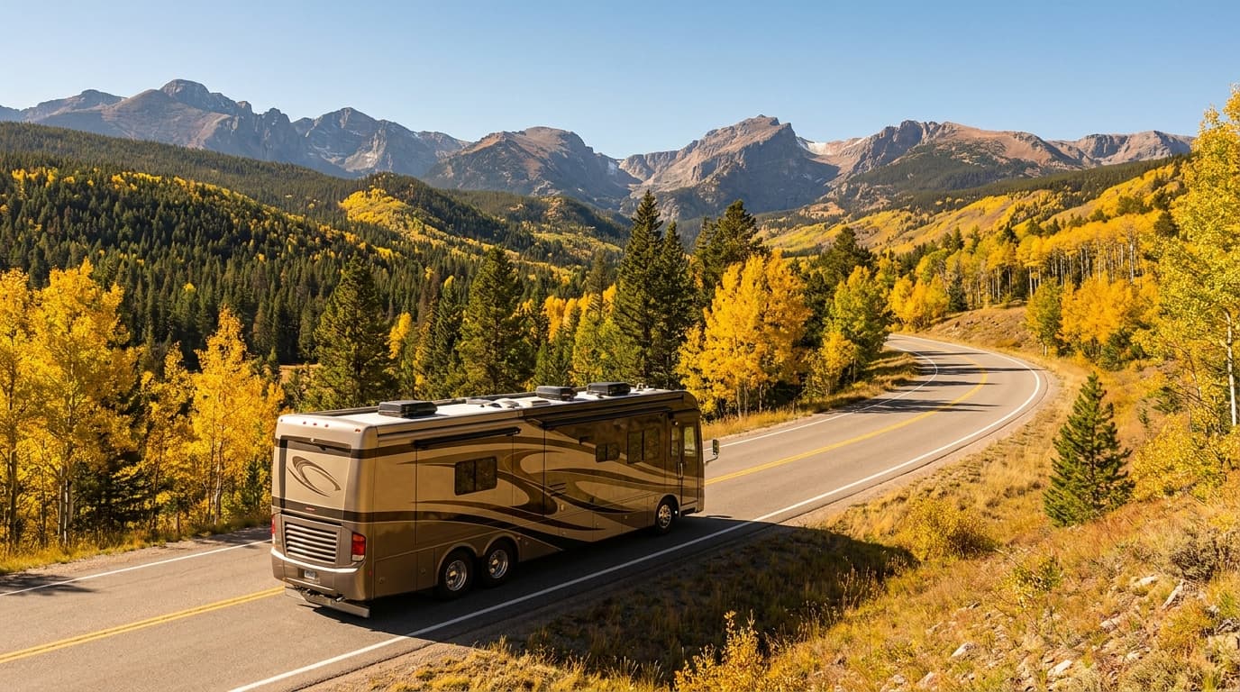 A motorhome traveling through the Rocky Mountain foothills and pine forest of Colorado near Colorado Springs, Colorado in peak season
