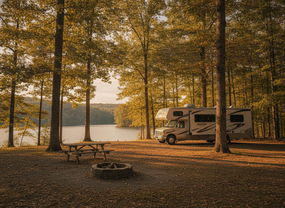 A Class C RV at a campground near Crossville, Tennessee in the wooded ridges and lakes of East Tennessee
