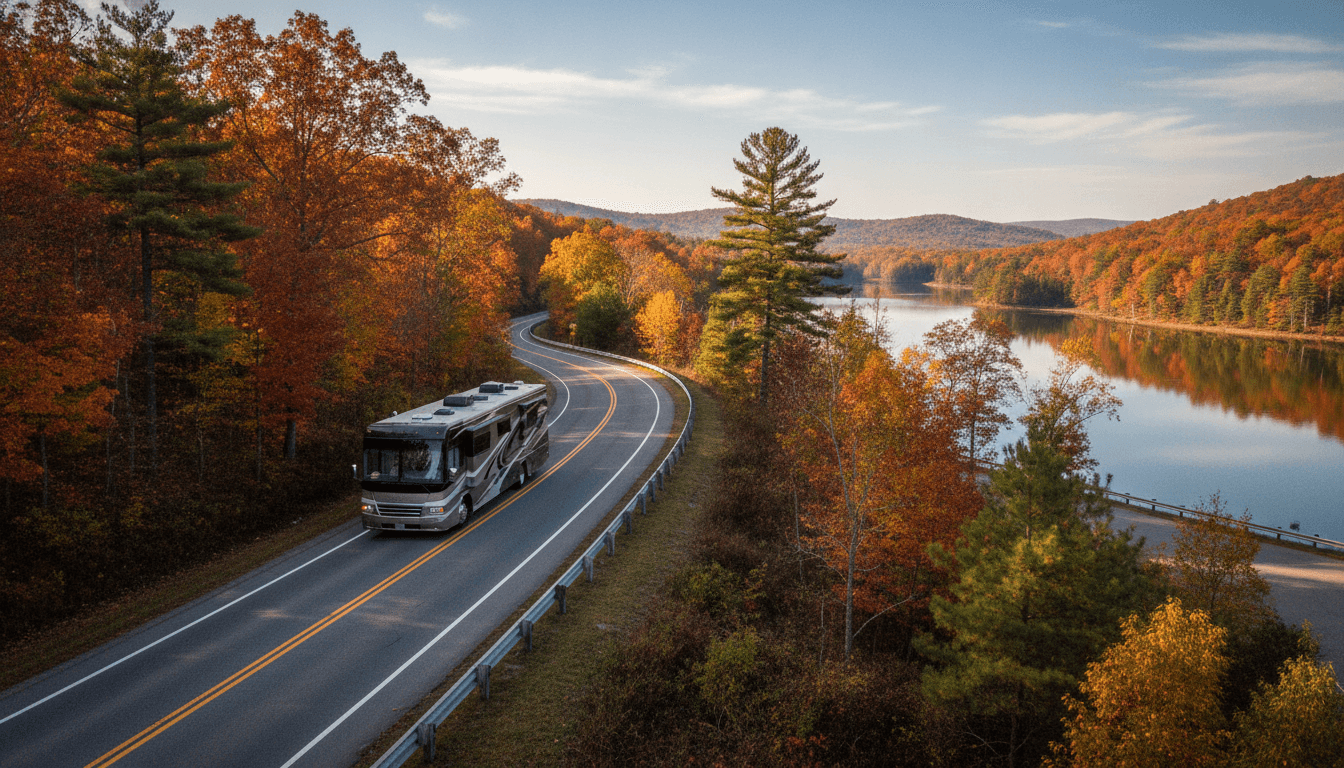 A motorhome traveling through the wooded ridges and lakes of East Tennessee near Crossville, Tennessee in peak season