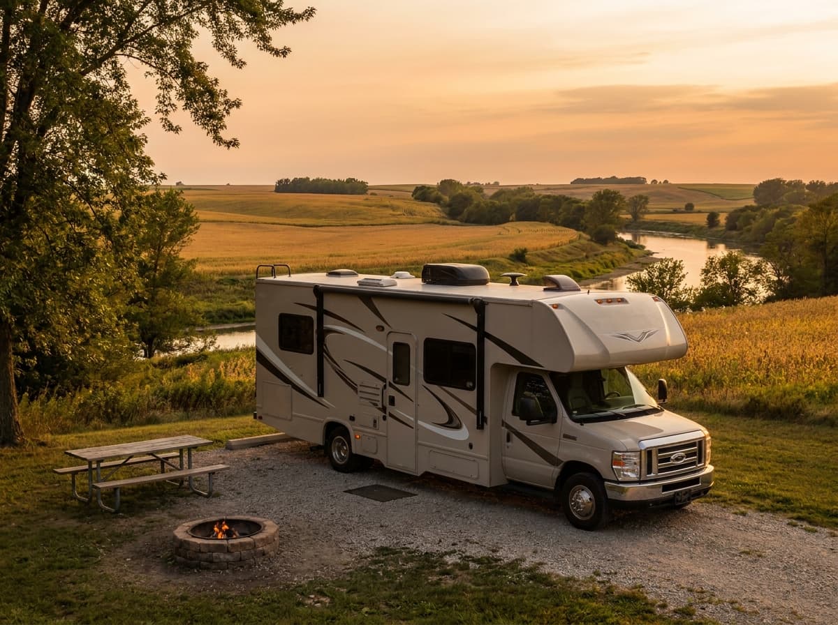 A Class C RV at a campground near Des Moines, Iowa in the rolling farmland and river country of Iowa